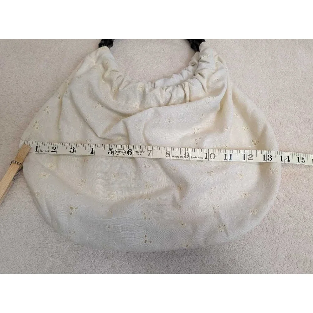 Eyelet Bamboo Handle Hobo Bag Crochet Trim White Boho Chic Summer Shoulder Bag
